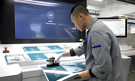 Press operator checking color patches with a spectrophotometer