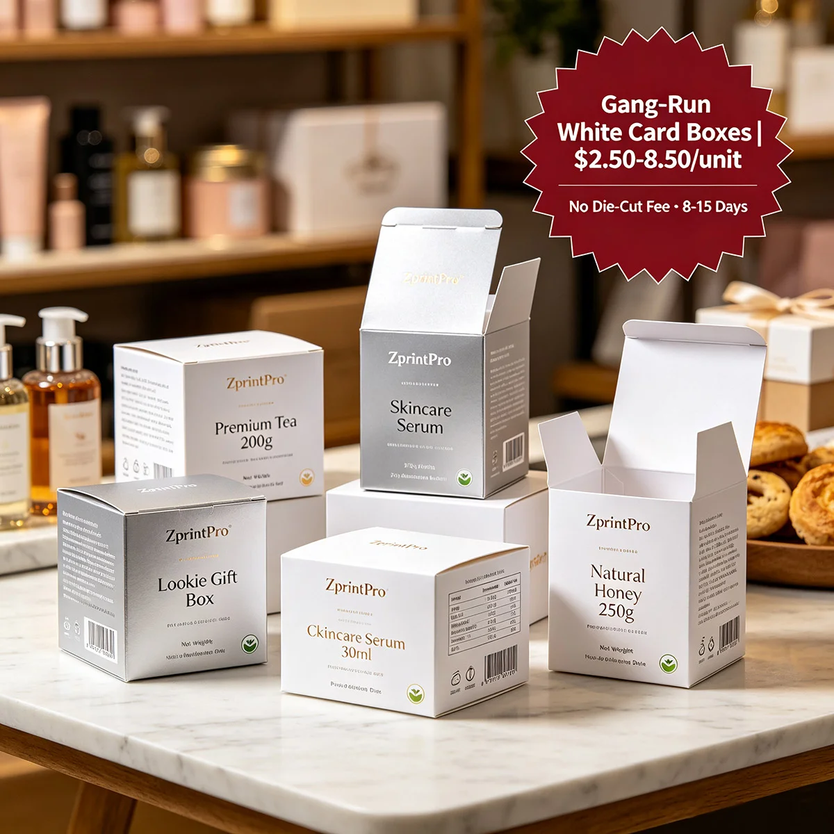 Gang-Run White Card Boxes (No Die-Cut Fee) · Free Mockup · ZprintPro