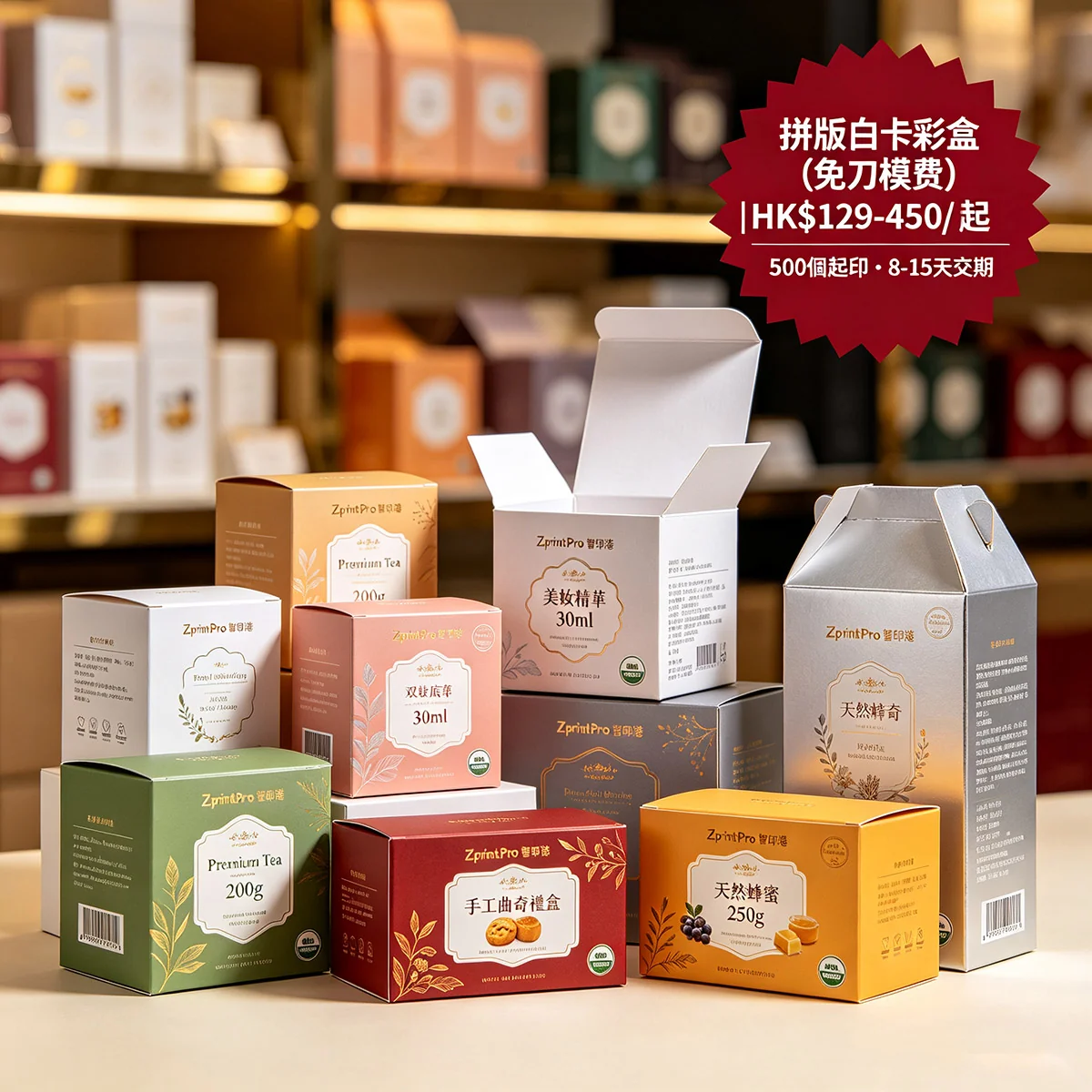 拼版白卡彩盒(免刀模費) 500個起印 · 8-15天交期 · 香港無對手價 · 禮品盒 · 品質保證 · 智印港